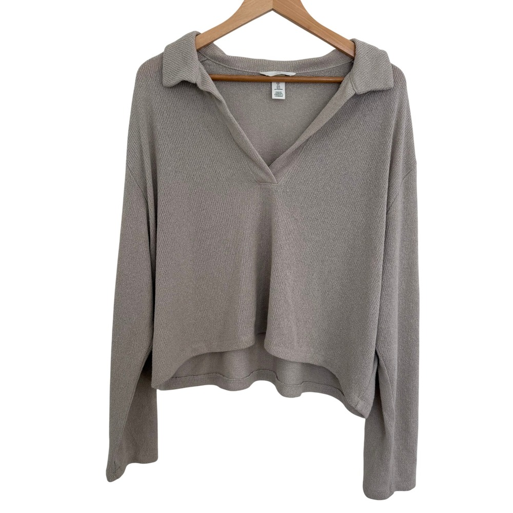 H&M Knit Collared V Neck Long Sleeve Sweater Women Size L Beige‎ Minimalist